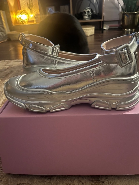 double standard nyc Shoes - Silver Metallic Mary Jane Platform Shoes - Women's